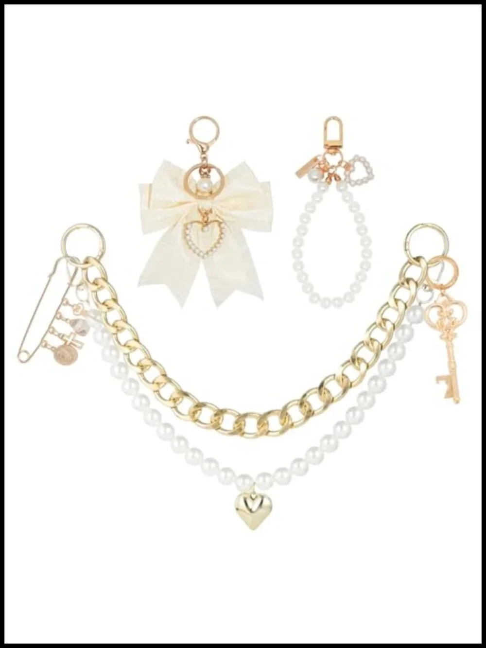 4 in 1 Bag Charms Set - Pearl Keychain Gold Chain Charm Handbag Purse